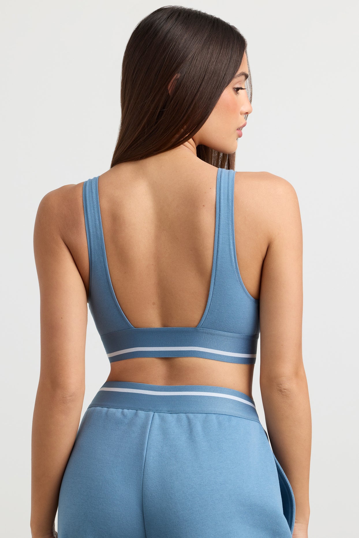 Stretch Cotton Jersey Plunge-Neck Crop Top in Steel Blue - 2