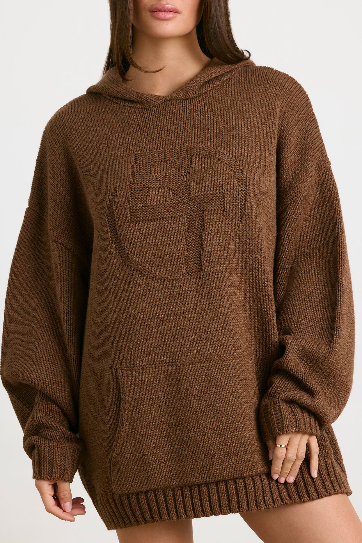 Oversized Chunky Knit Hoodie in Espresso