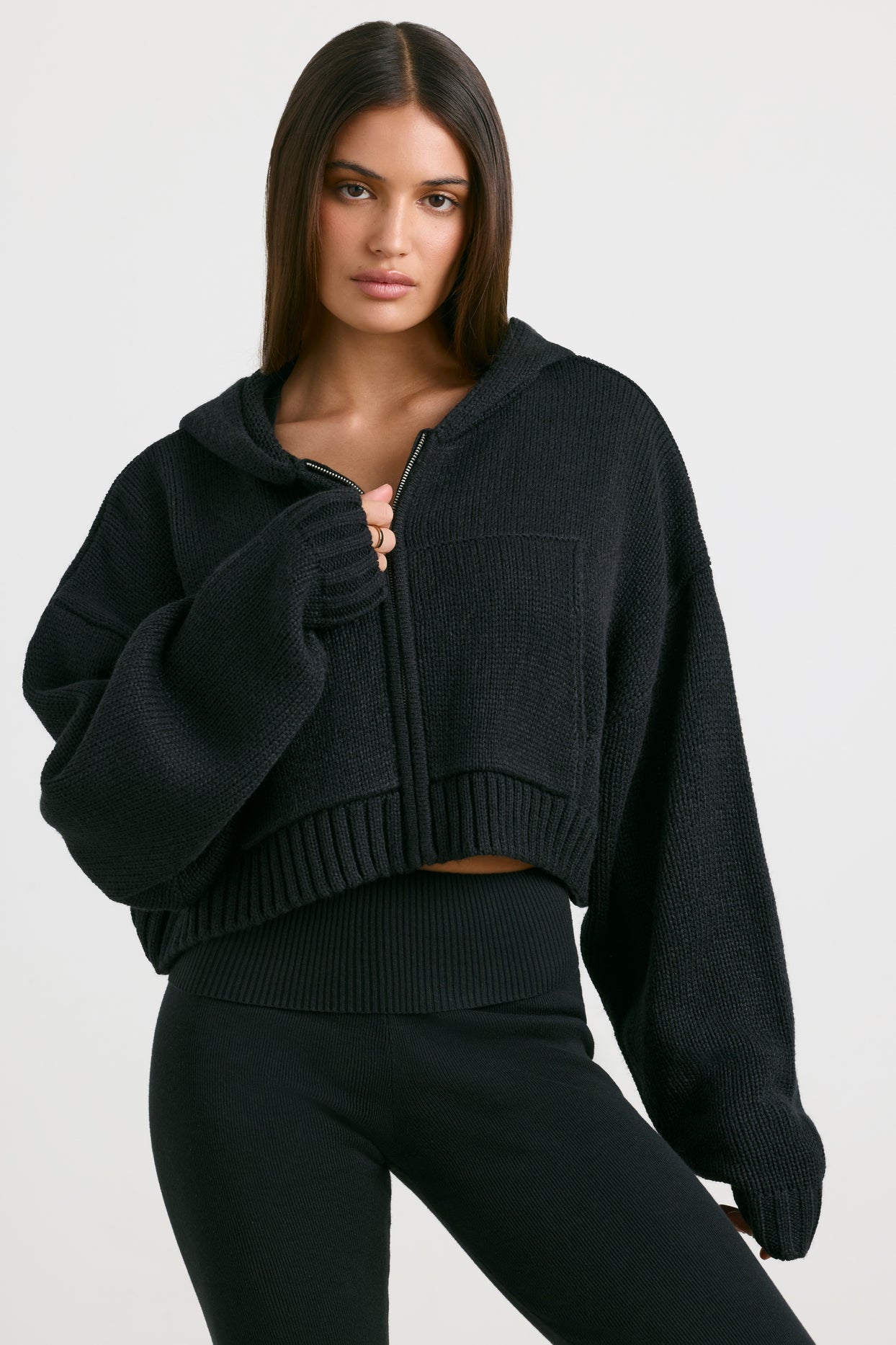 True Cropped Zip Up Chunky Knit Hoodie in Black | Oh Polly