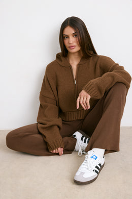 Cropped Zip Up Chunky Knit Hoodie in Espresso
