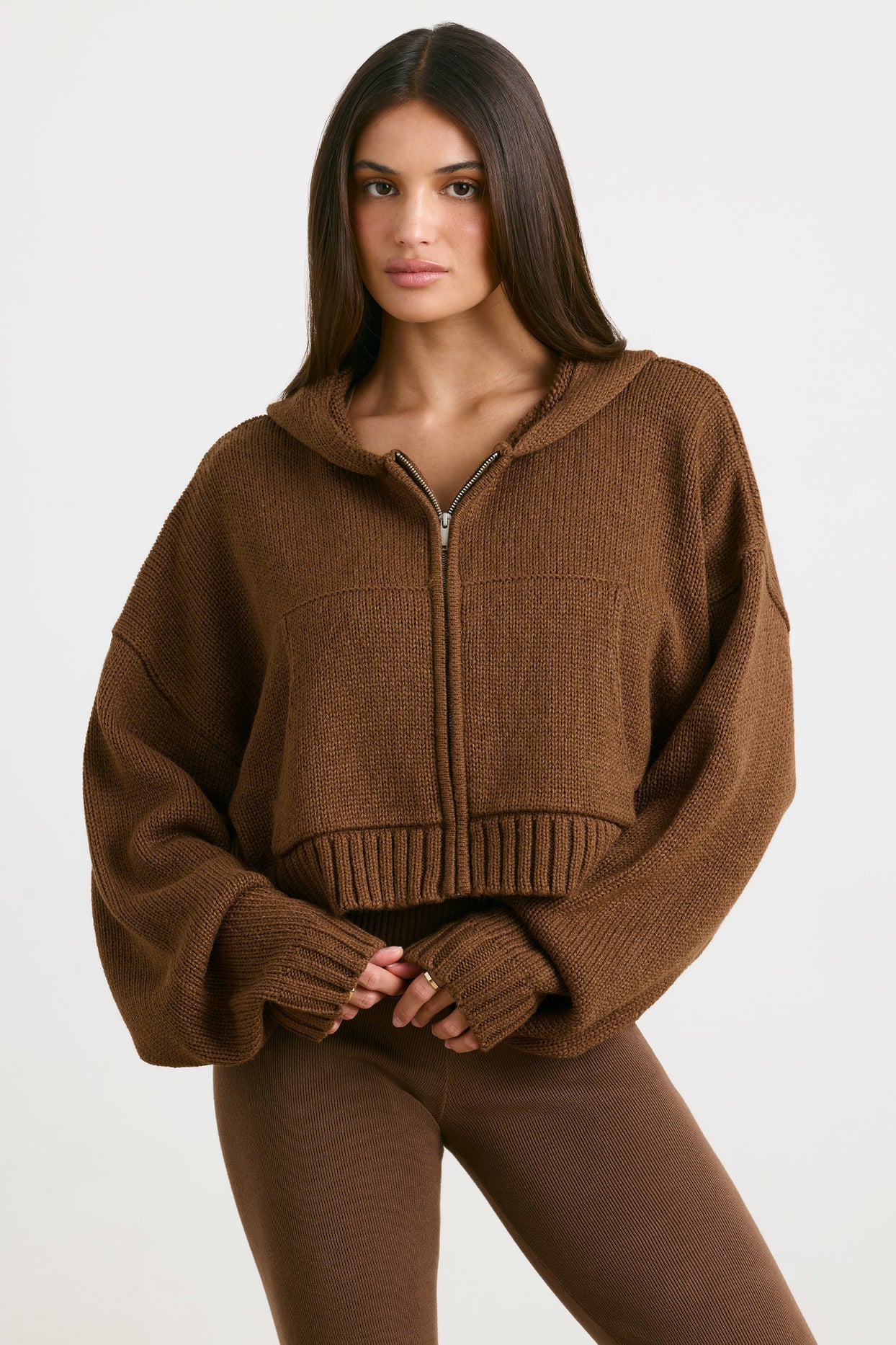 True Cropped Zip Up Chunky Knit Hoodie in Espresso | Oh Polly