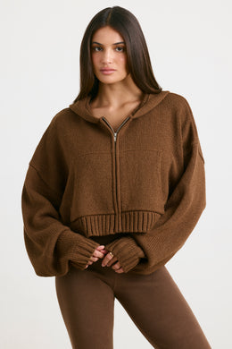 Cropped Zip Up Chunky Knit Hoodie in Espresso