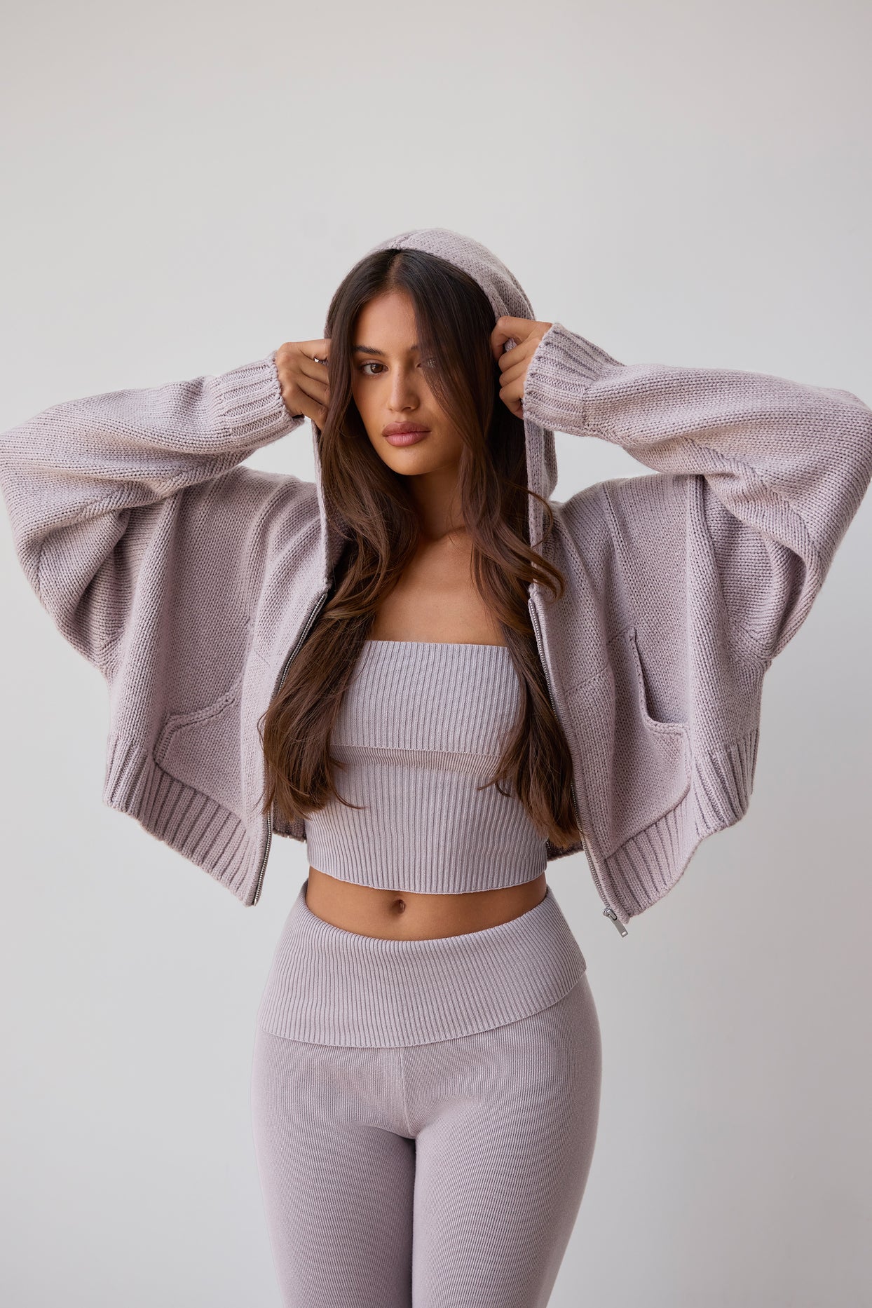 Chunky Knit Zip-Up Cropped Hoodie in Dusty Lavender
