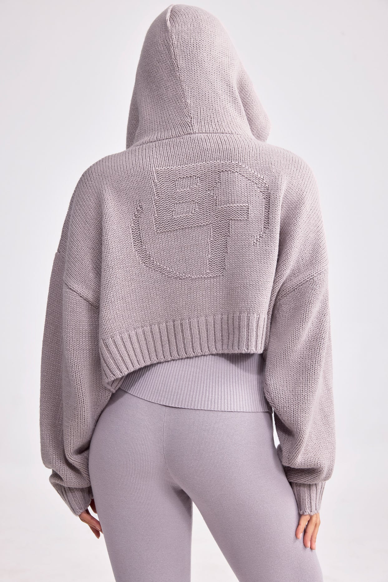 Chunky Knit Zip-Up Cropped Hoodie in Dusty Lavender