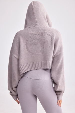 Chunky Knit Zip-Up Cropped Hoodie in Dusty Lavender