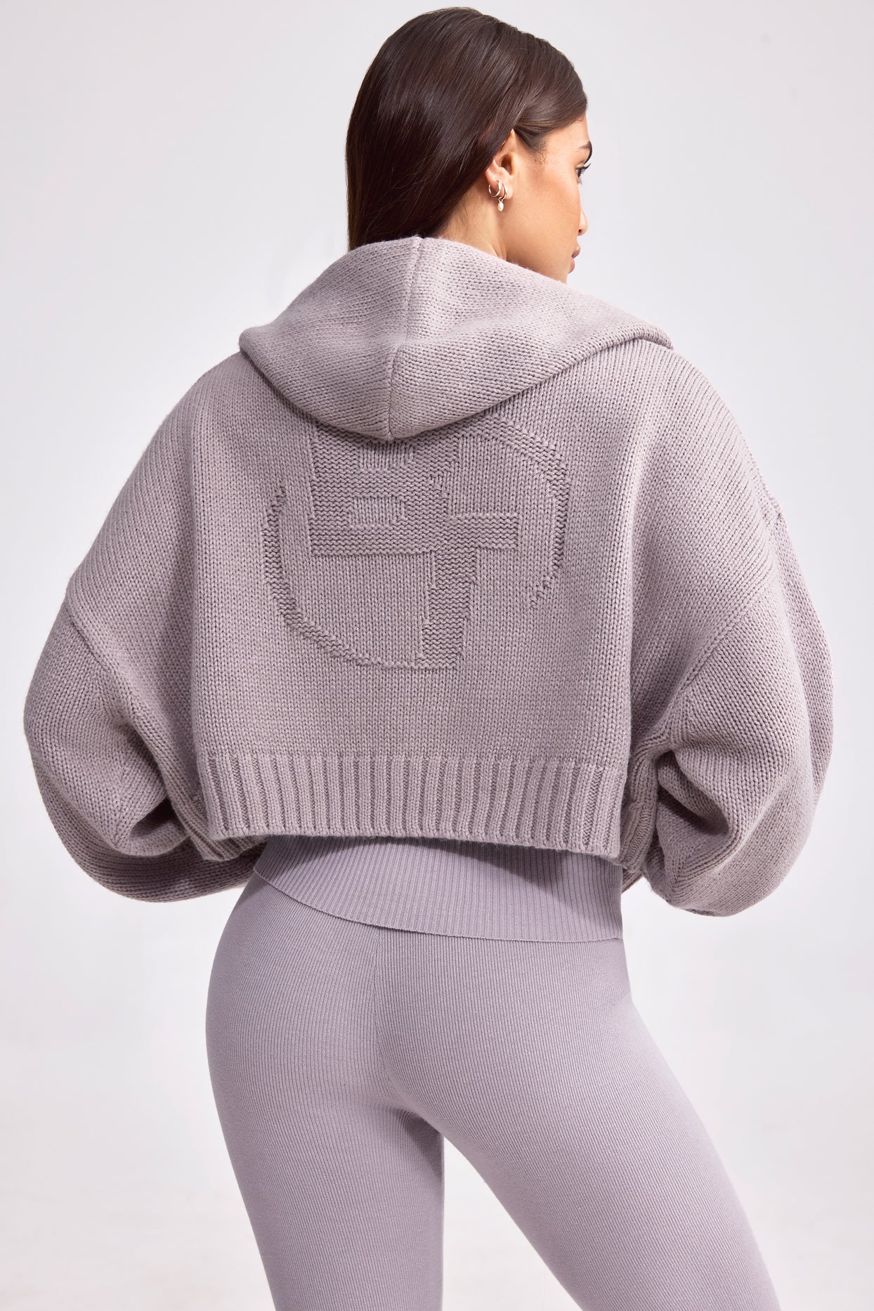 Chunky Knit Zip-Up Cropped Hoodie in Dusty Lavender