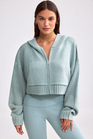 Chunky Knit Zip-Up Cropped Hoodie in Dusty Teal