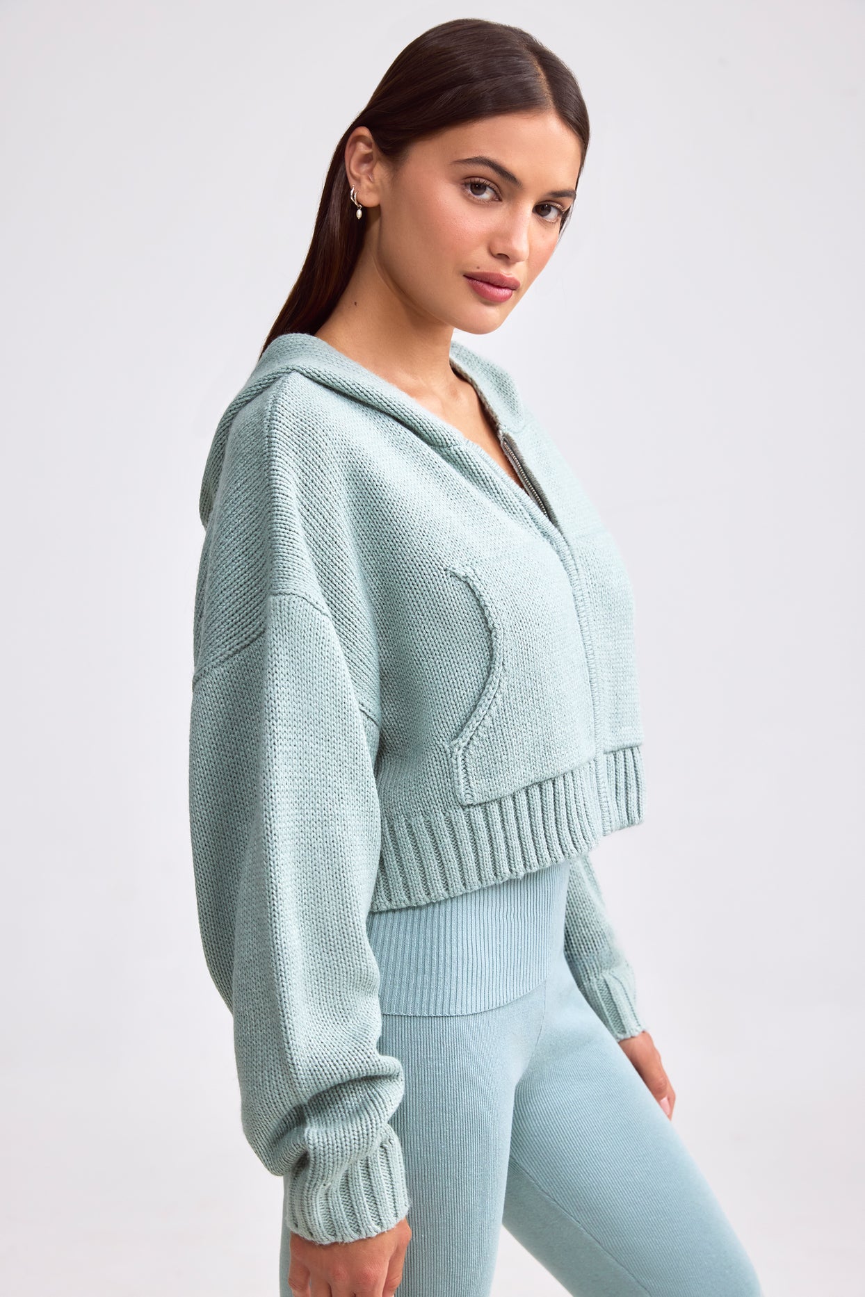 Chunky Knit Zip-Up Cropped Hoodie in Dusty Teal