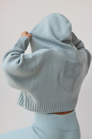 Chunky Knit Zip-Up Cropped Hoodie in Dusty Teal