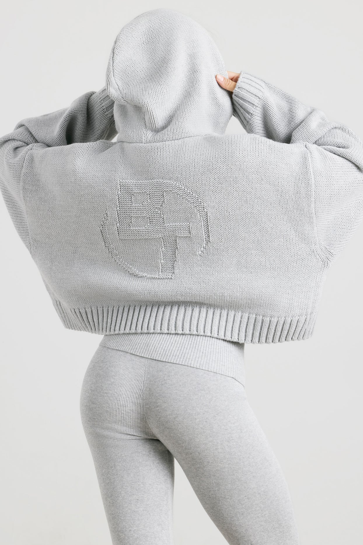 Cropped Zip Up Chunky Knit Hoodie in Heather Grey