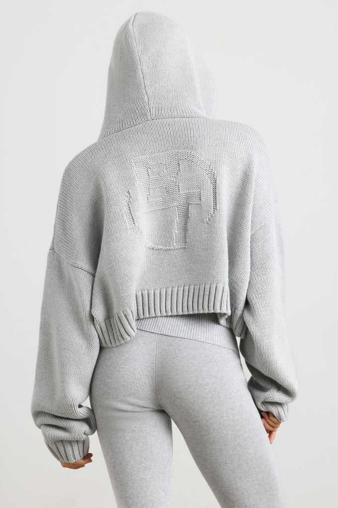 Cropped Zip Up Chunky Knit Hoodie in Heather Grey