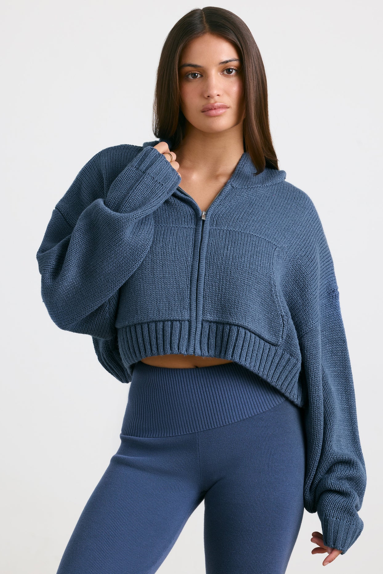 Chunky Knit Zip-Up Cropped Hoodie in Washed Navy - 6