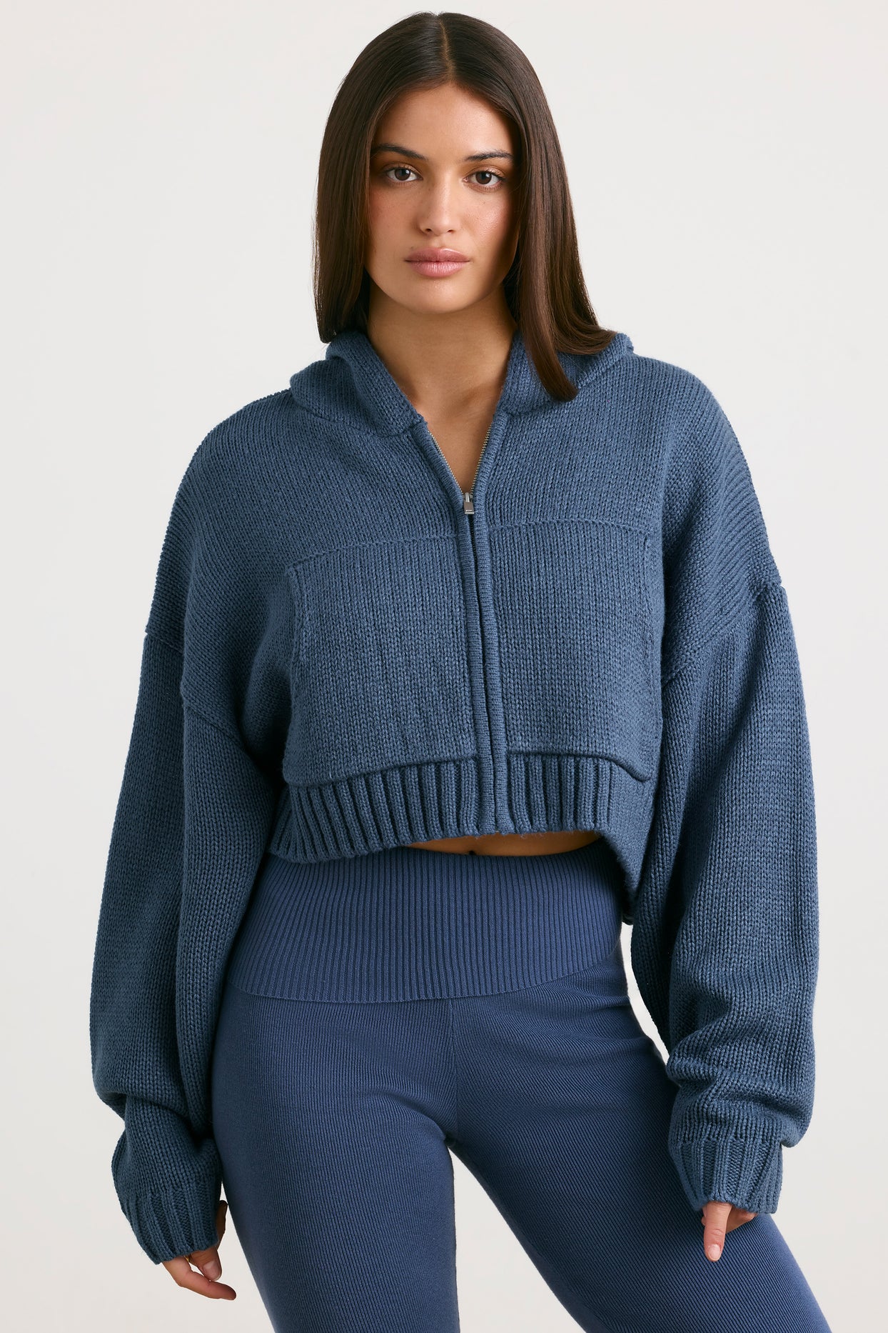 Chunky Knit Zip-Up Cropped Hoodie in Washed Navy - 7
