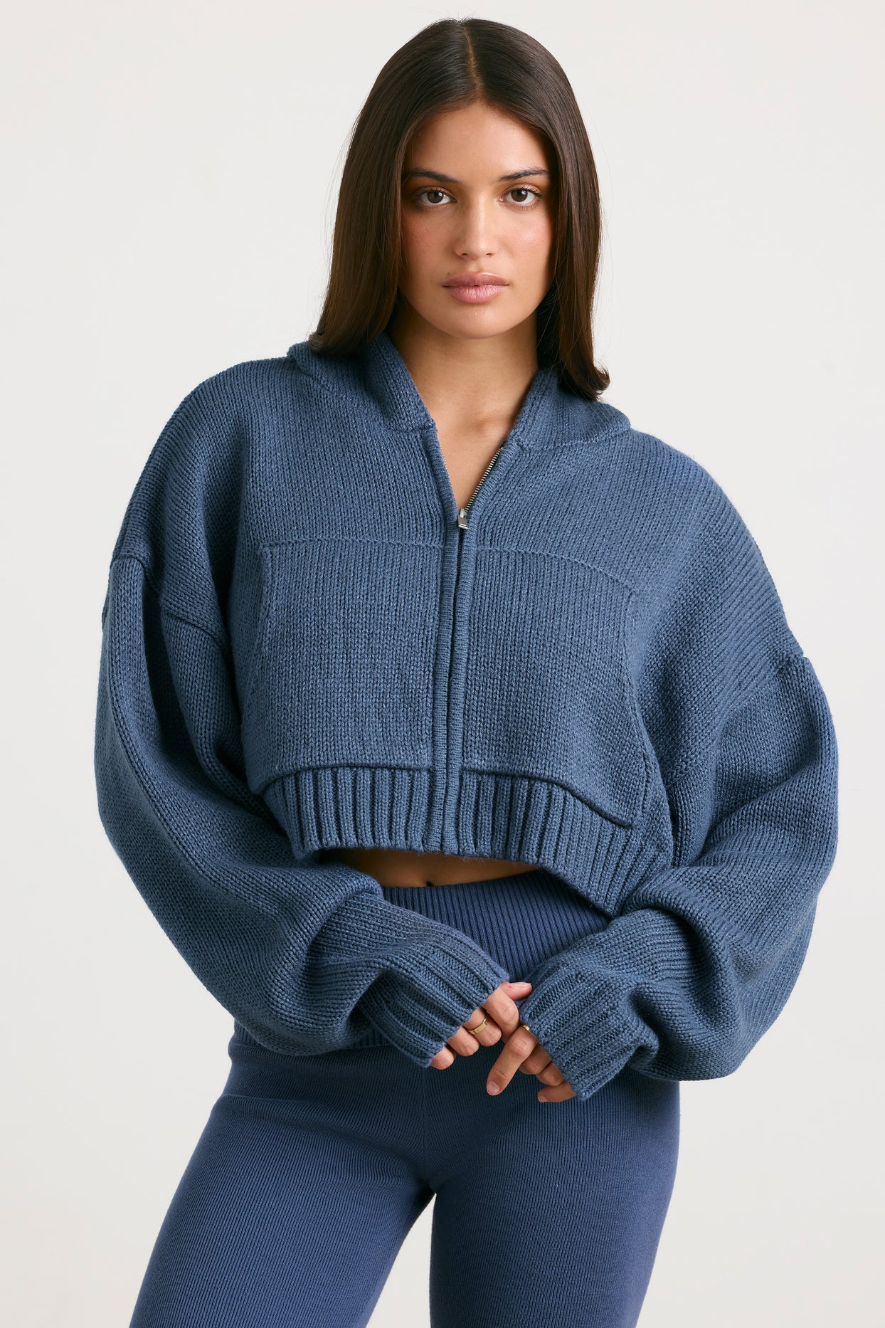Chunky Knit Zip-Up Cropped Hoodie in Washed Navy - 8