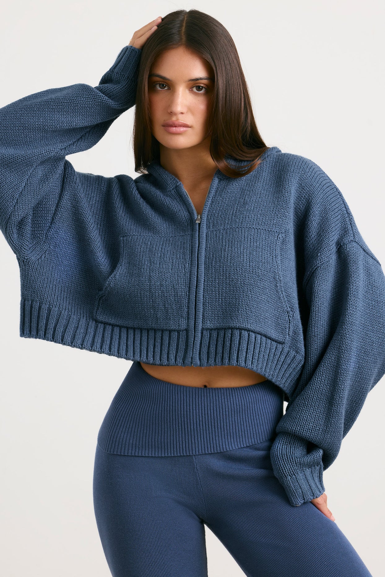 Cropped Zip Up Chunky Knit Hoodie in Washed Navy