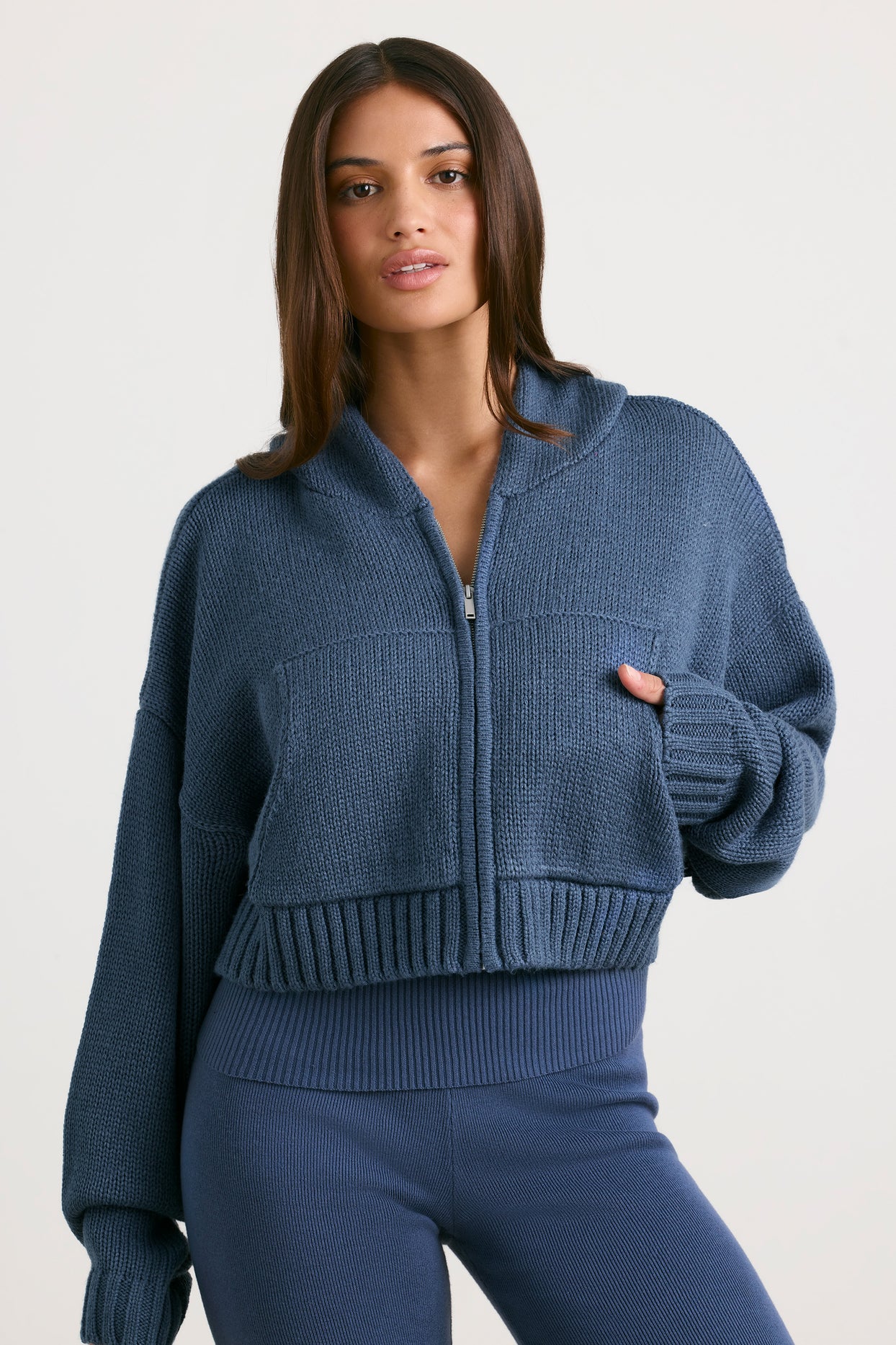 Chunky Knit Zip-Up Cropped Hoodie in Washed Navy - 1