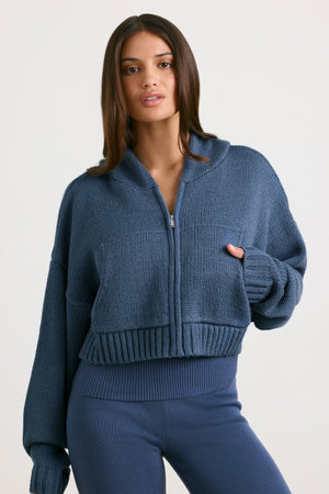 Chunky Knit Zip-Up Cropped Hoodie in Washed Navy
