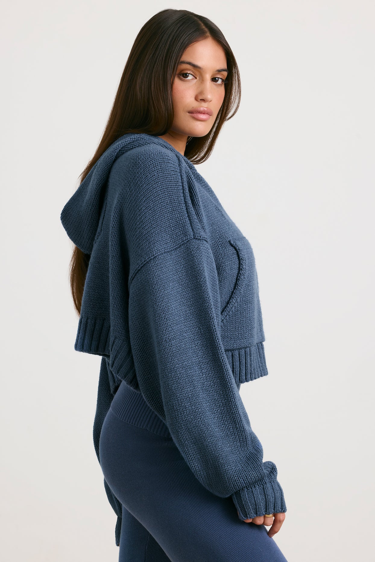 Chunky Knit Zip-Up Cropped Hoodie in Washed Navy - 3