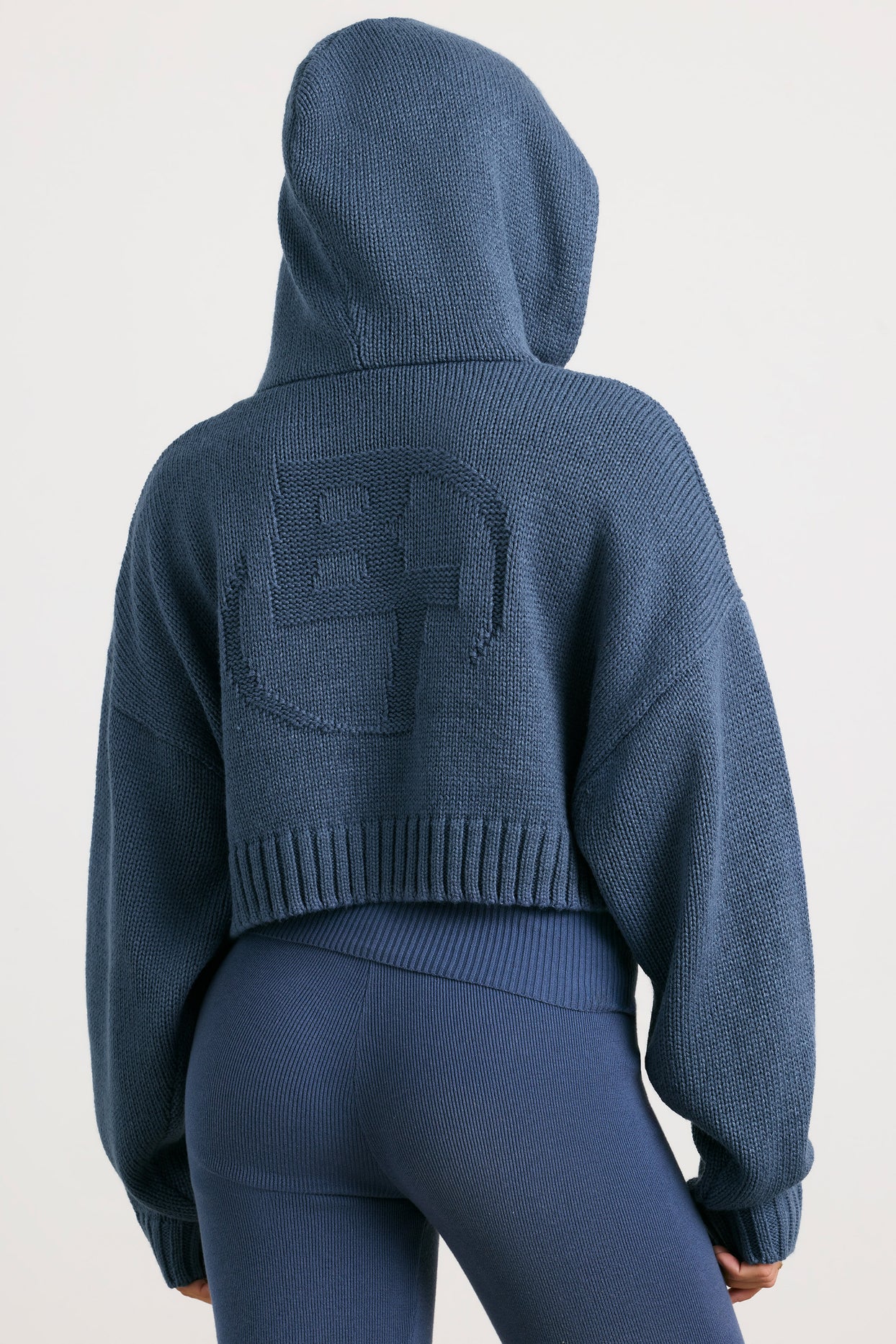 Chunky Knit Zip-Up Cropped Hoodie in Washed Navy - 2