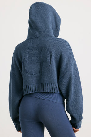 Chunky Knit Zip-Up Cropped Hoodie in Washed Navy
