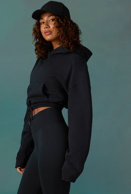 Cropped Drawstring Hooded Sweatshirt in Black