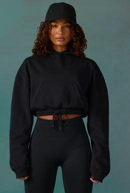 Cropped Drawstring Hooded Sweatshirt in Black