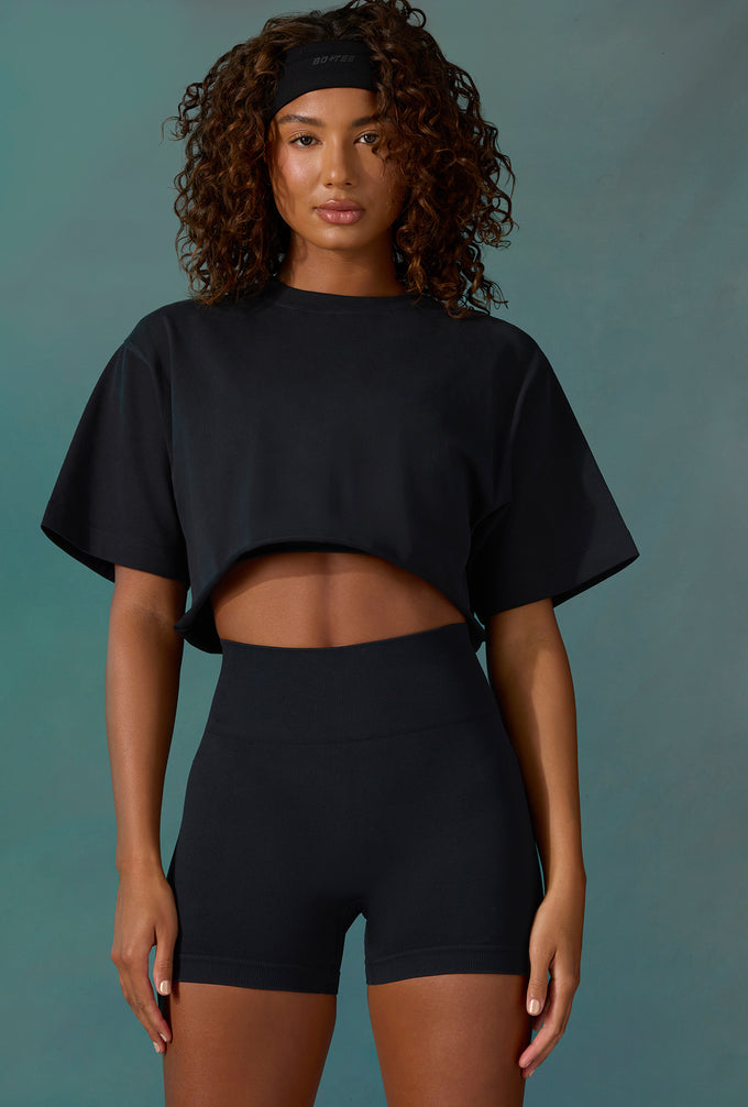Bawełniany, krótki T-shirt oversize w kolorze czarnym