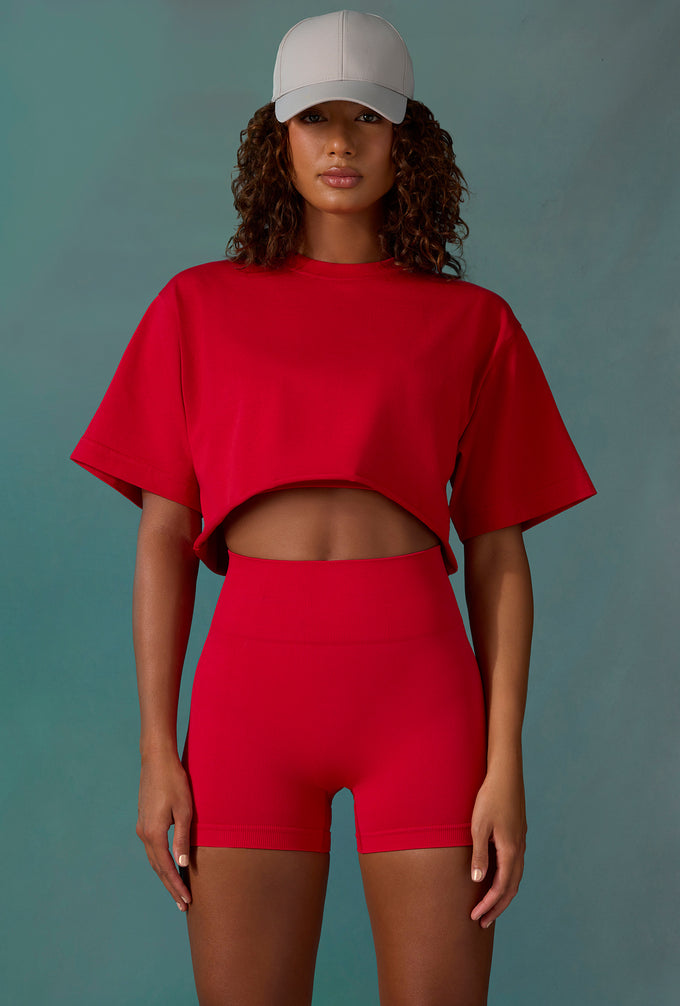 Cotton Cropped Oversized T-Shirt in Tango Red