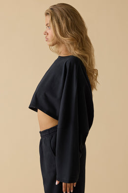 Oversized Long Sleeve Crop Top in Black