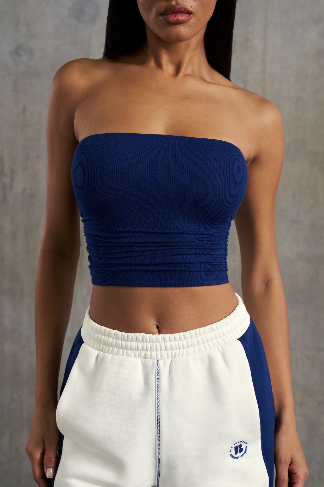 Soft Rib Ruched Bandeau Top in Navy
