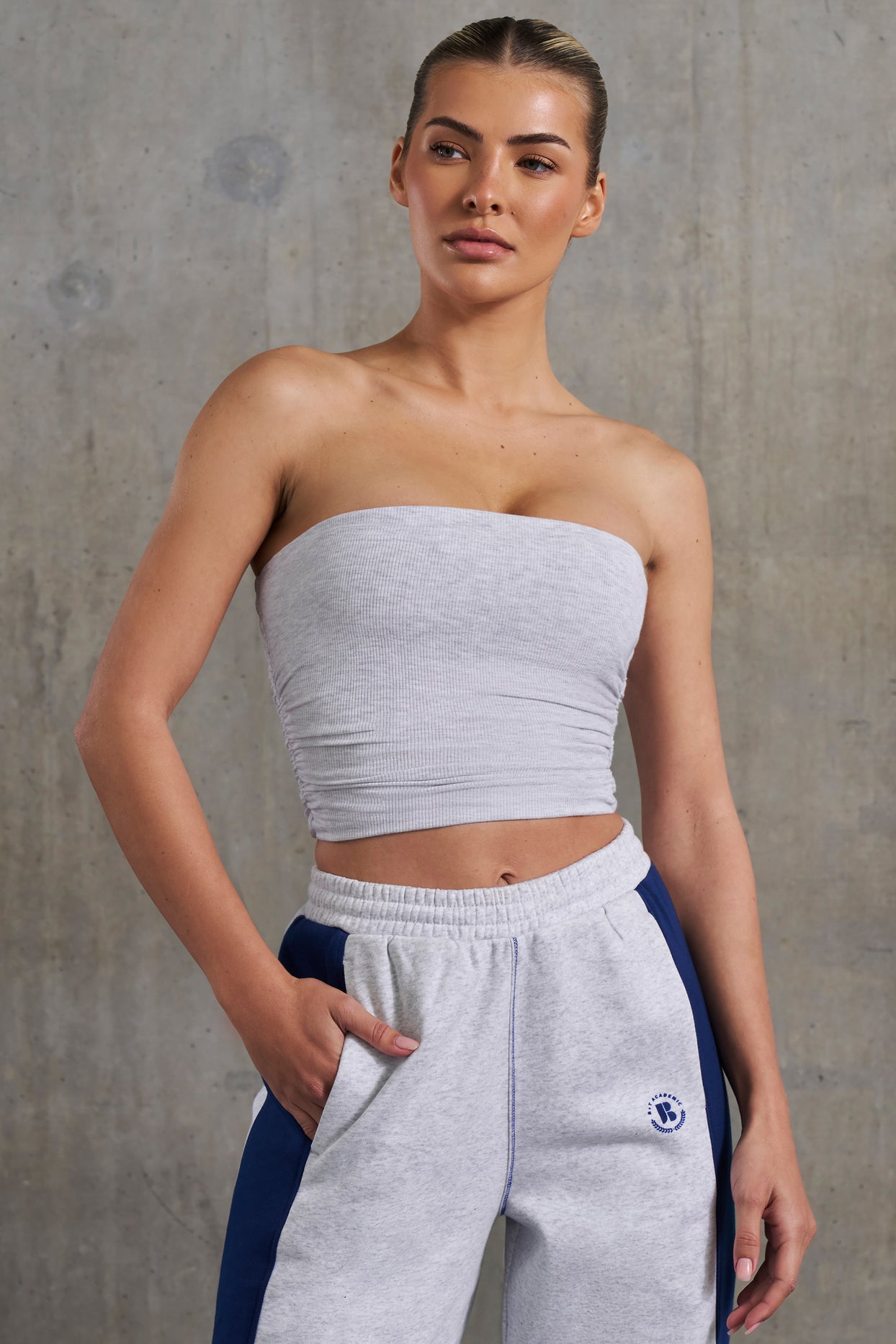 Soft Rib Ruched Bandeau Top in Heather Grey - 5
