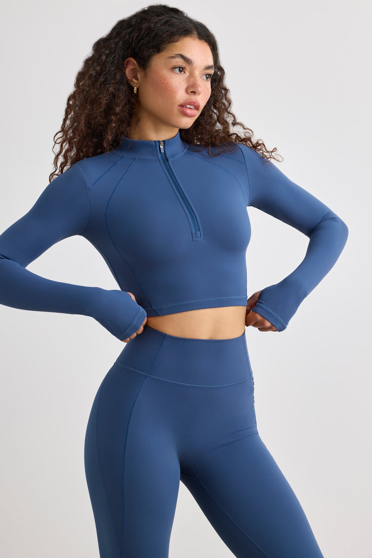 Soft Active Half Zip Crop Top in Washed Navy - 7
