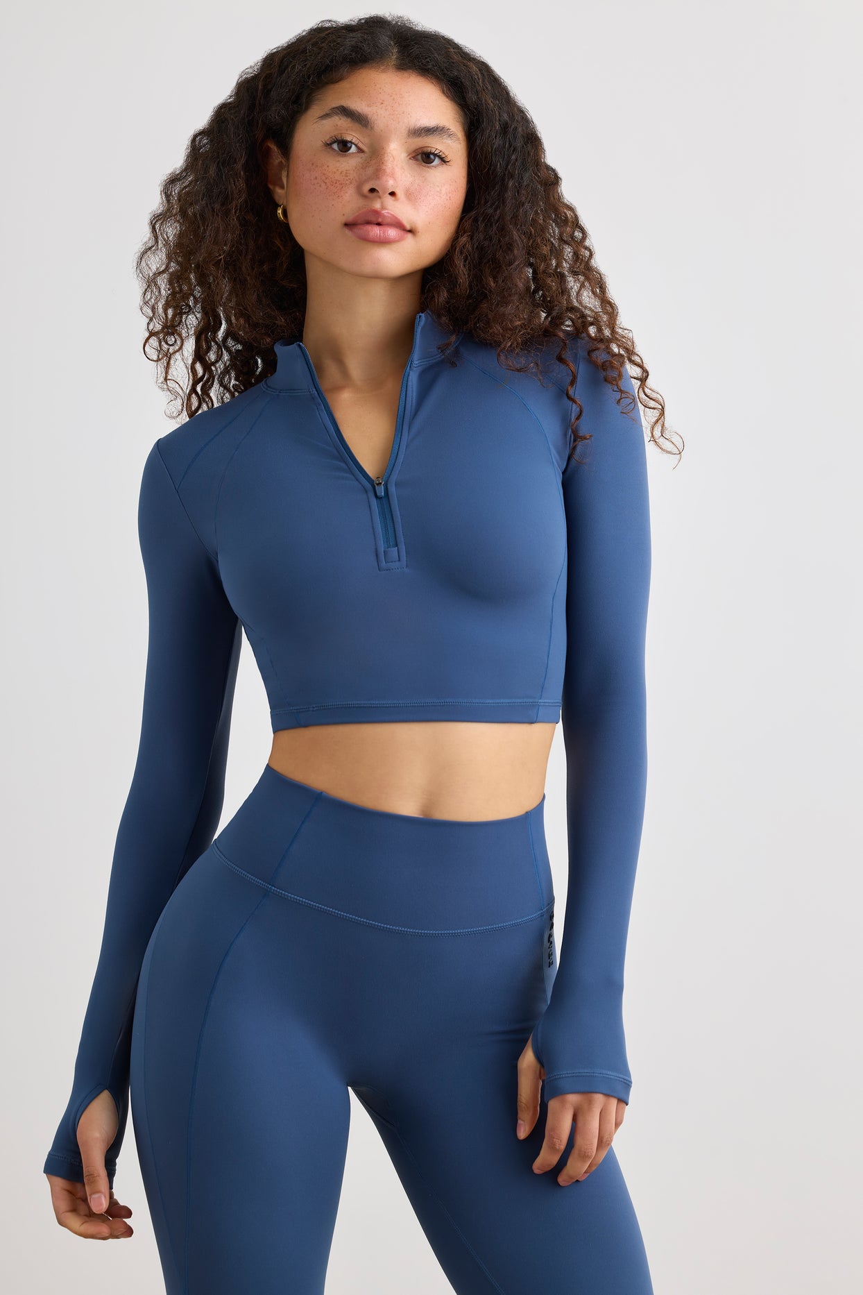 Soft Active Half Zip Crop Top in Washed Navy - 1