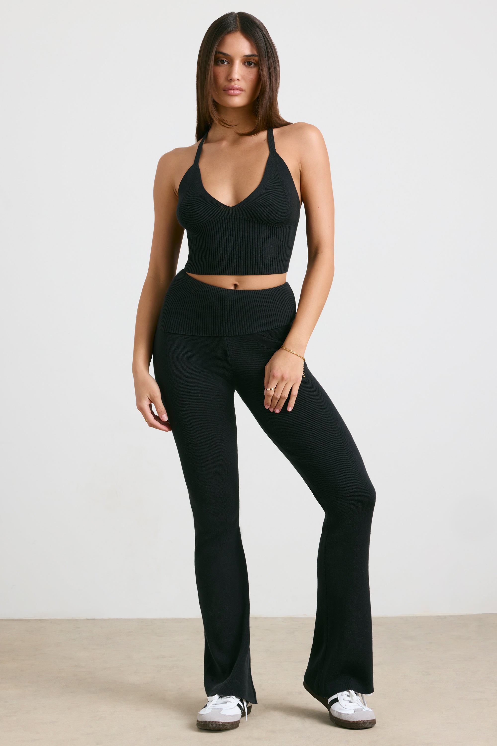 Muse Petite Chunky Knit Kick Flare Trousers in Black | Oh Polly