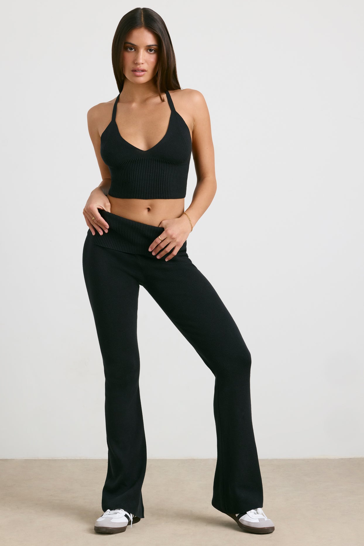 Muse Petite Chunky Knit Kick Flare Trousers in Black | Oh Polly