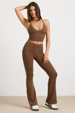 Petite Chunky Knit Kick Flare Trousers in Espresso