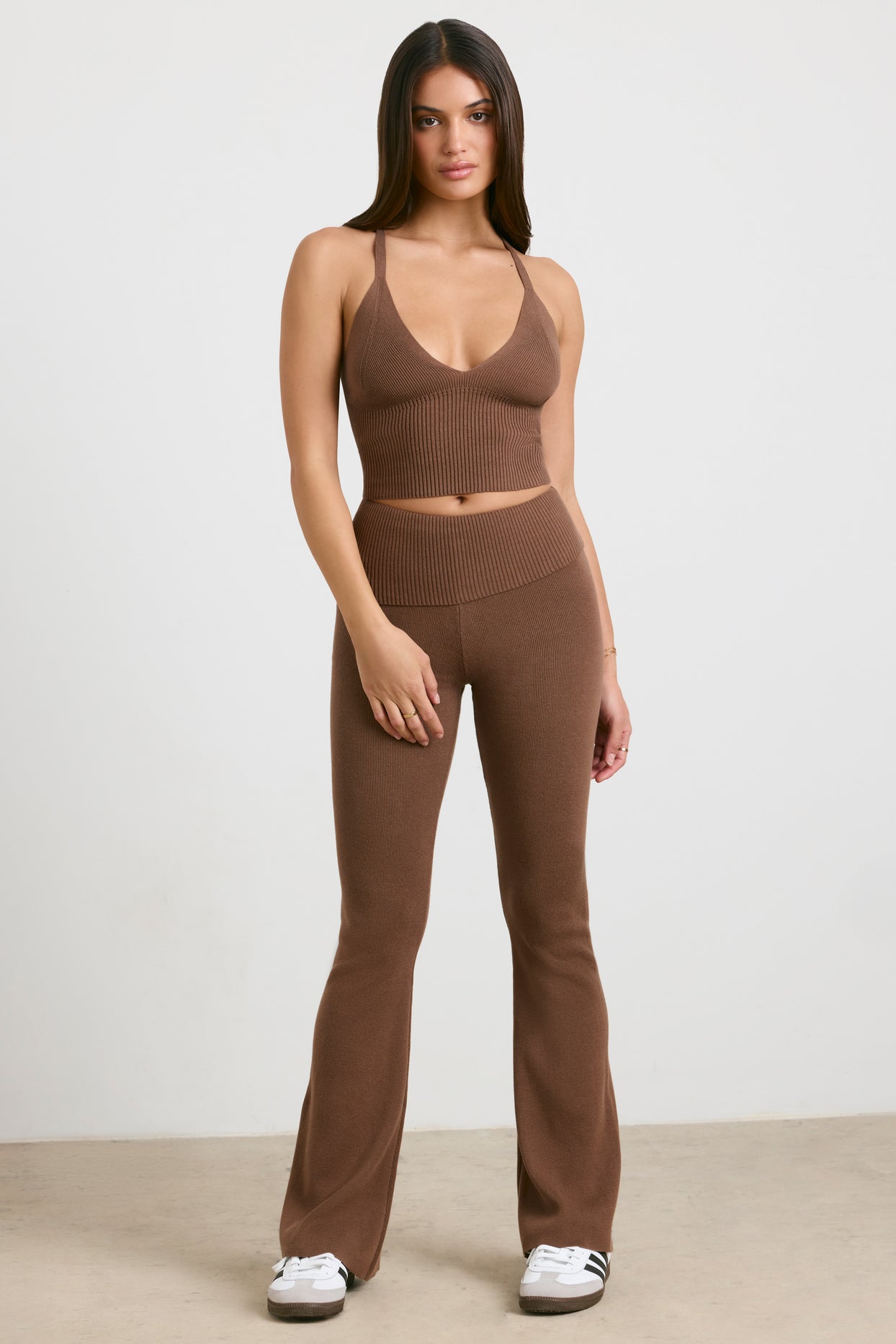 Petite Chunky Knit Kick Flare Trousers in Espresso