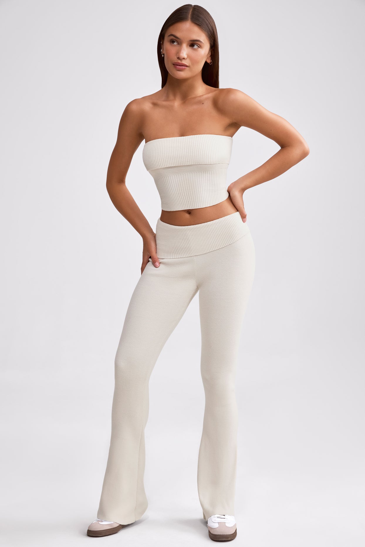 Chunky Knit Foldover Kick Flare Trousers in Cream - 5