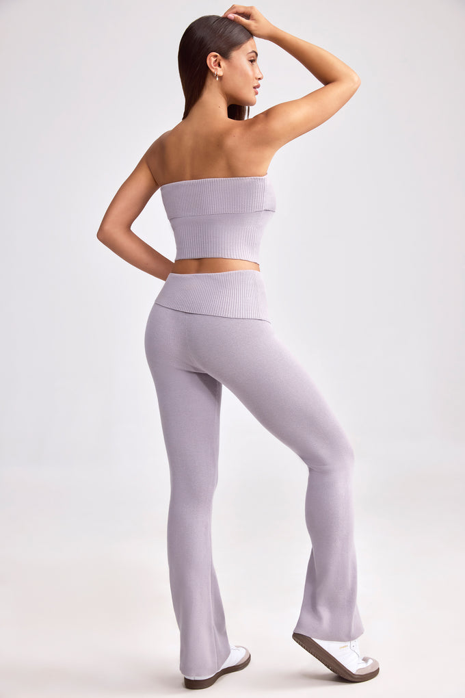 Petite Fold Over Kick Flare Chunky Knit Trousers in Dusty Lavender