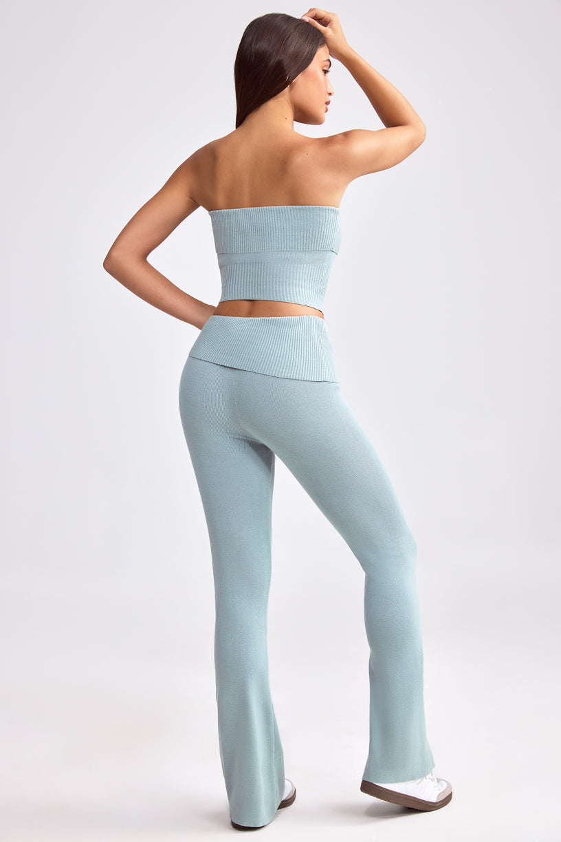 Chunky Knit Foldover Kick Flare Trousers in Dusty Teal - 2