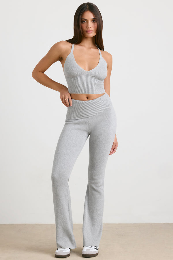 Chunky Knit Foldover Kick Flare Trousers in Grey Marl - 1