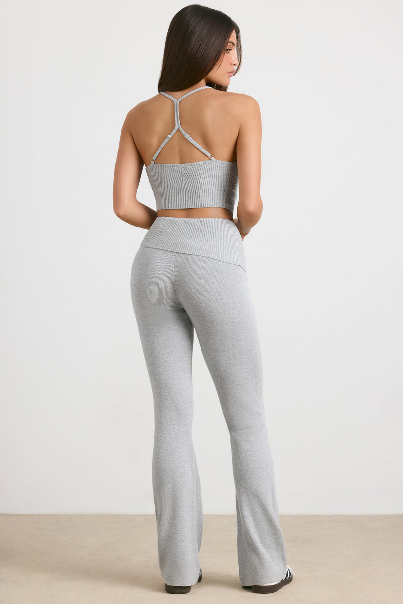 Chunky Knit Foldover Kick Flare Trousers in Grey Marl - 2
