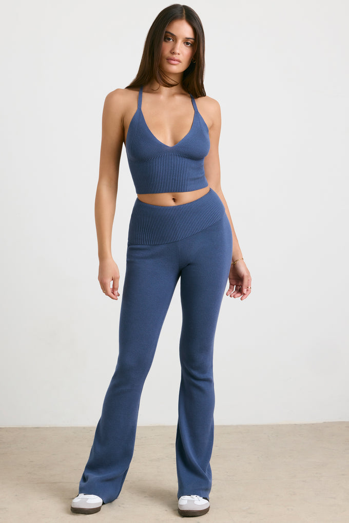 Chunky Knit Kick Flare Trousers in Washed Navy