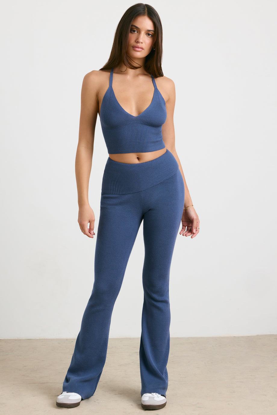 Chunky Knit Foldover Kick Flare Trousers in Washed Navy