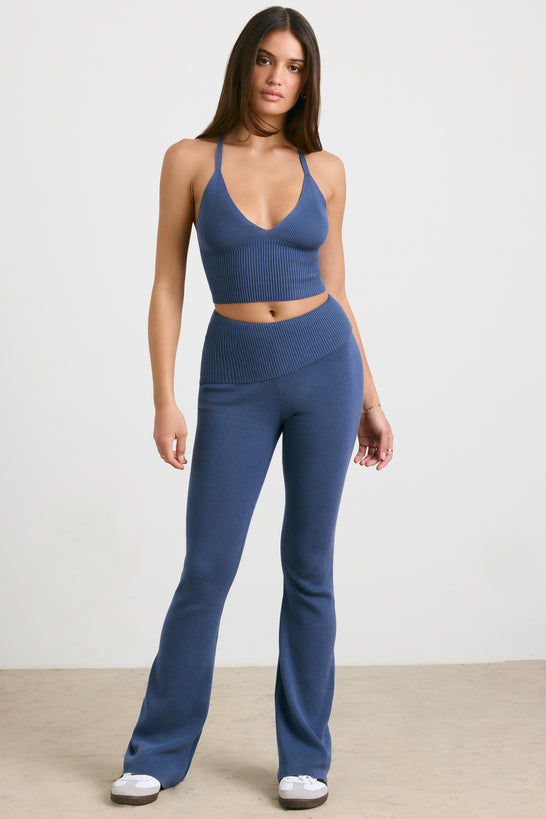 Petite Chunky Knit Kick Flare Trousers in Washed Navy