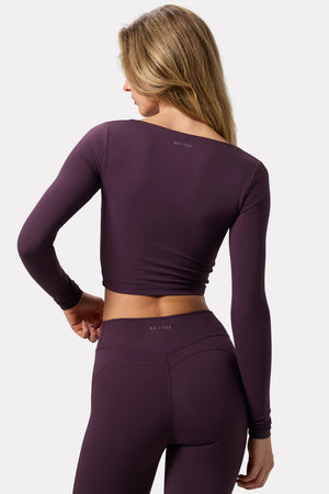Bo+Tee model Lydia Butler wearing the CosyCoffeeRunWithLydsButler Full Top in Plum Soft Active (Cut & Sew) fabric perfect for gym workouts