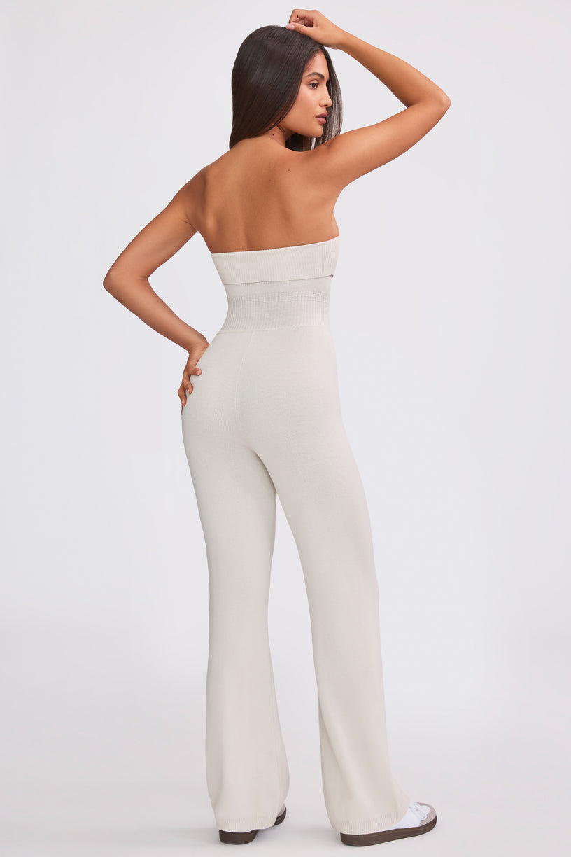 Chunky Knit Bandeau Kick Flare Jumpsuit in Cream - 2