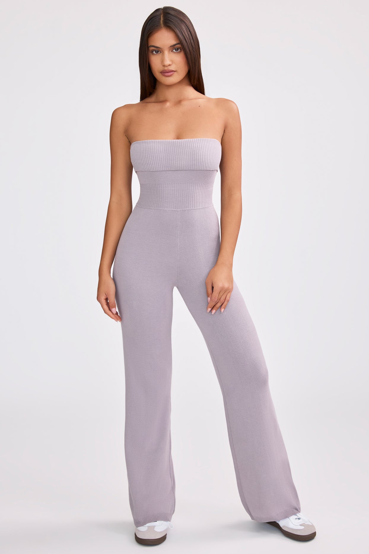 Petite Bandeau Kick Flare Chunky Knit Jumpsuit in Dusty Lavender