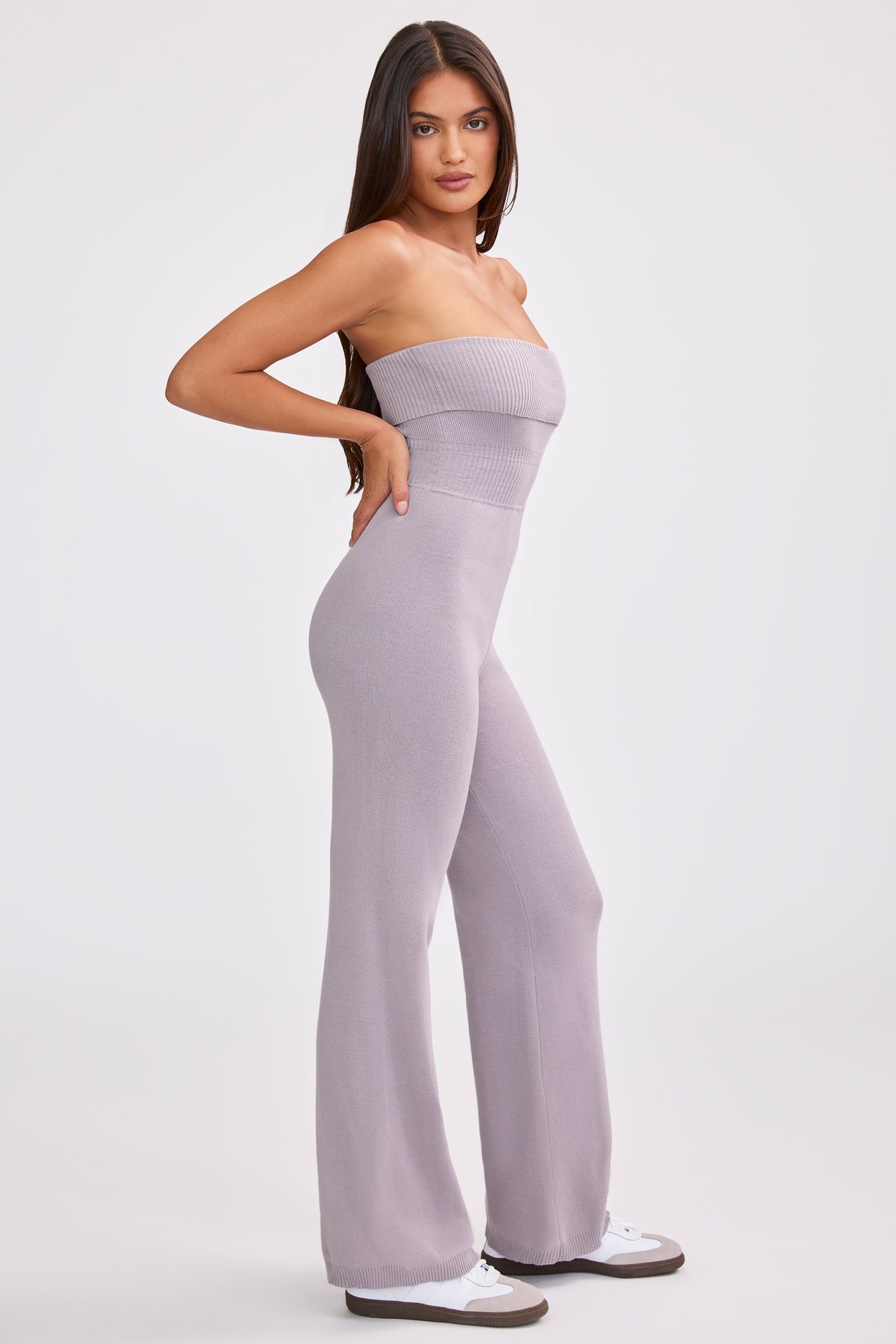 Petite Bandeau Kick Flare Chunky Knit Jumpsuit in Dusty Lavender