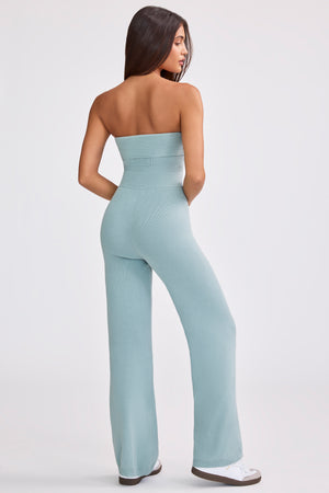 Bandeau Kick Flare Chunky Knit Jumpsuit in Dusty Teal Bo&Tee